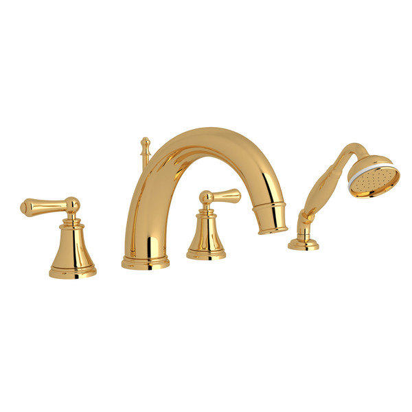 Georgian Era 4-Hole Deck Mount C-Spout Tub Filler with Handshower - English Gold with Metal Lever Handle | Model Number: U.3648LS-EG - Product Knockout