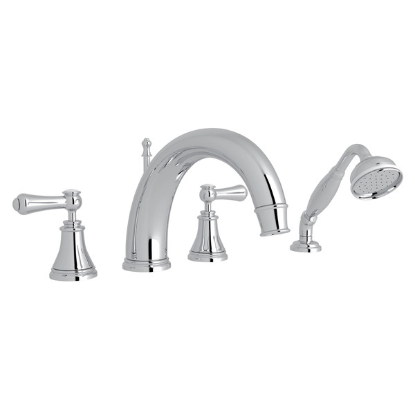 Georgian Era 4-Hole Deck Mount C-Spout Tub Filler with Handshower - Polished Chrome with White Porcelain Lever Handle | Model Number: U.3648LSP-APC - Product Knockout