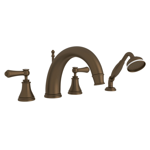 Georgian Era 4-Hole Deck Mount C-Spout Tub Filler with Handshower - English Bronze with White Porcelain Lever Handle | Model Number: U.3648LSP-EB - Product Knockout