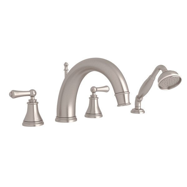 Georgian Era 4-Hole Deck Mount C-Spout Tub Filler with Handshower - Satin Nickel with Metal Lever Handle | Model Number: U.3648LS-STN - Product Knockout