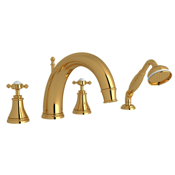 Georgian Era 4-Hole Deck Mount C-Spout Tub Filler with Handshower - Unlacquered Brass with Cross Handle | Model Number: U.3649X-ULB - Product Knockout