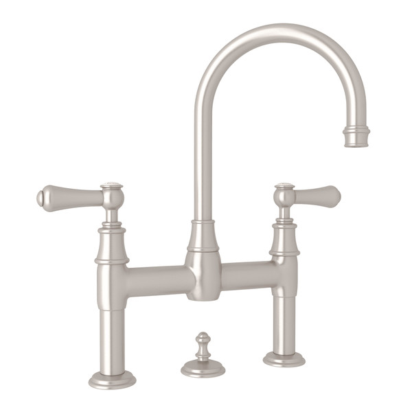 Georgian Era Deck Mount Bathroom Bridge Faucet - Satin Nickel with White Porcelain Lever Handle | Model Number: U.3708LSP-STN-2 - Product Knockout