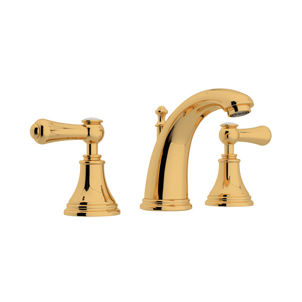 Georgian Era High Neck Widespread Bathroom Faucet - English Gold with White Porcelain Lever Handle | Model Number: U.3712LSP-EG-2 - Product Knockout