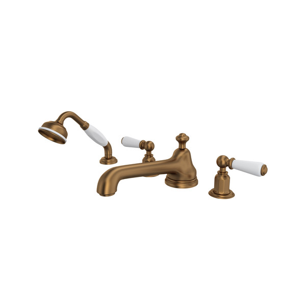 Edwardian 4-Hole Deck Mount Low Level Spout Tub Filler with Handshower - English Bronze with Metal Lever Handle | Model Number: U.3737L-EB - Product Knockout