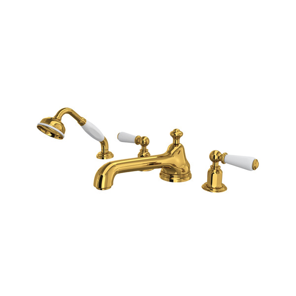 Edwardian 4-Hole Deck Mount Low Level Spout Tub Filler with Handshower - Unlacquered Brass with Metal Lever Handle | Model Number: U.3737L-ULB - Product Knockout