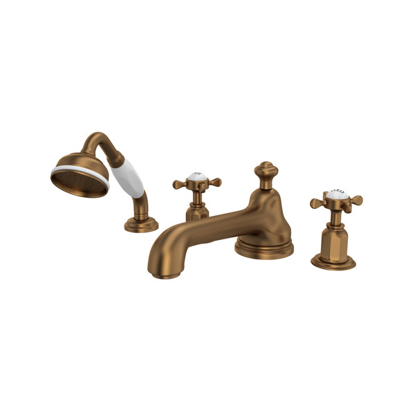 Edwardian 4-Hole Deck Mount Low Level Spout Tub Filler with Handshower - English Bronze with Cross Handle | Model Number: U.3738X-EB - Product Knockout