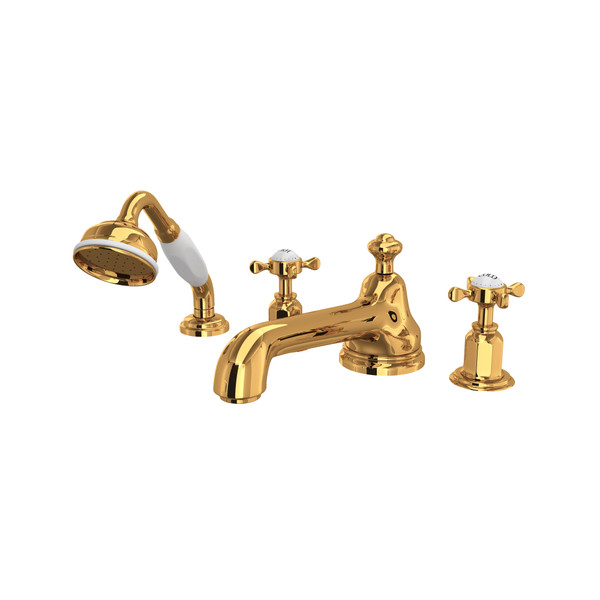 Edwardian 4-Hole Deck Mount Low Level Spout Tub Filler with Handshower - English Gold with Cross Handle | Model Number: U.3738X-EG - Product Knockout