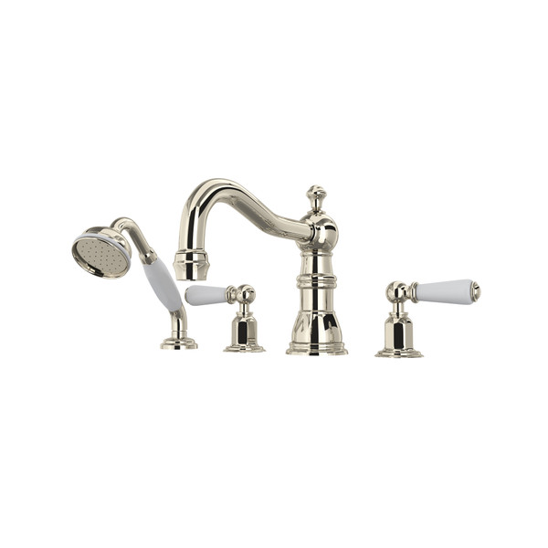 Edwardian 4-Hole Deck Mount Column Spout Tub Filler with Handshower - Polished Nickel with Metal Lever Handle | Model Number: U.3745L-PN - Product Knockout