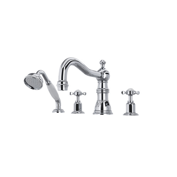 Edwardian 4-Hole Deck Mount Column Spout Tub Filler with Handshower - Polished Chrome with Cross Handle | Model Number: U.3746X-APC - Product Knockout