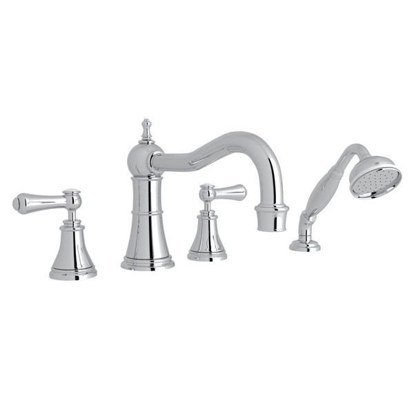 Georgian Era 4-Hole Deck Mount Column Spout Tub Filler with Handshower - Polished Chrome with White Porcelain Lever Handle | Model Number: U.3747LSP-APC - Product Knockout