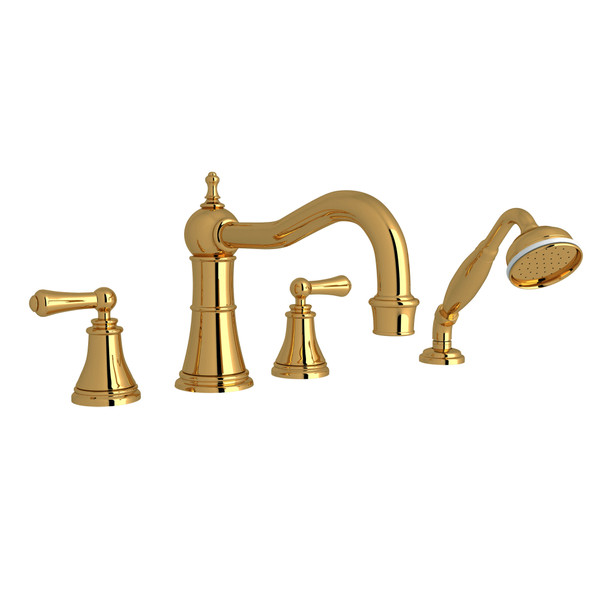 Georgian Era 4-Hole Deck Mount Column Spout Tub Filler with Handshower - Unlacquered Brass with Metal Lever Handle | Model Number: U.3747LS-ULB - Product Knockout