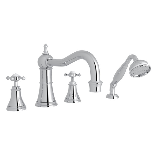 Georgian Era 4-Hole Deck Mount Column Spout Tub Filler with Handshower - Polished Chrome with Cross Handle | Model Number: U.3748X-APC - Product Knockout