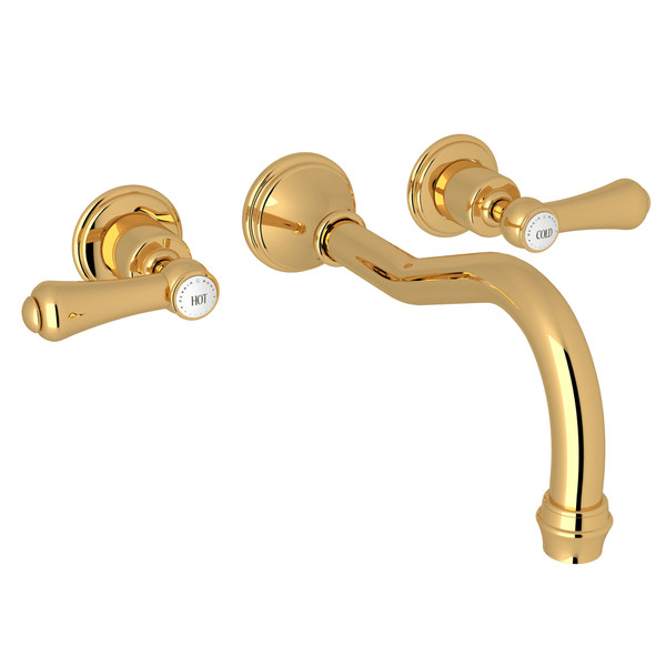 Georgian Era 3-Hole Wall Mount Column Spout Tub Filler - English Gold with White Porcelain Lever Handle | Model Number: U.3783LSP-EG/TO - Product Knockout