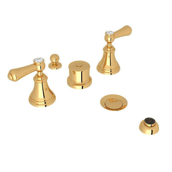 DISCONTINUED-Georgian Era Five-Hole Bidet Faucet with Lever or Cross Handles - English Gold with White Porcelain Lever Handle | Model Number: U.3970LSP-EG - Product Knockout