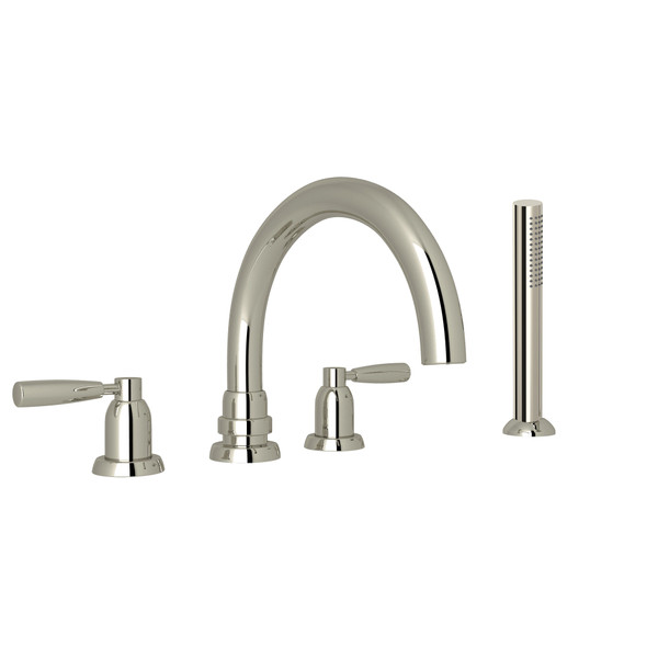 Holborn 4-Hole Deck Mount Tubular C-Spout Bathtub Filler with Handshower - Polished Nickel with Metal Lever Handle | Model Number: U.3975LS-PN - Product Knockout