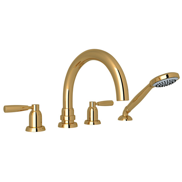 Holborn 4-Hole Deck Mount Tubular C-Spout Bathtub Filler with Handshower - Unlacquered Brass with Metal Lever Handle | Model Number: U.3975LS-ULB - Product Knockout