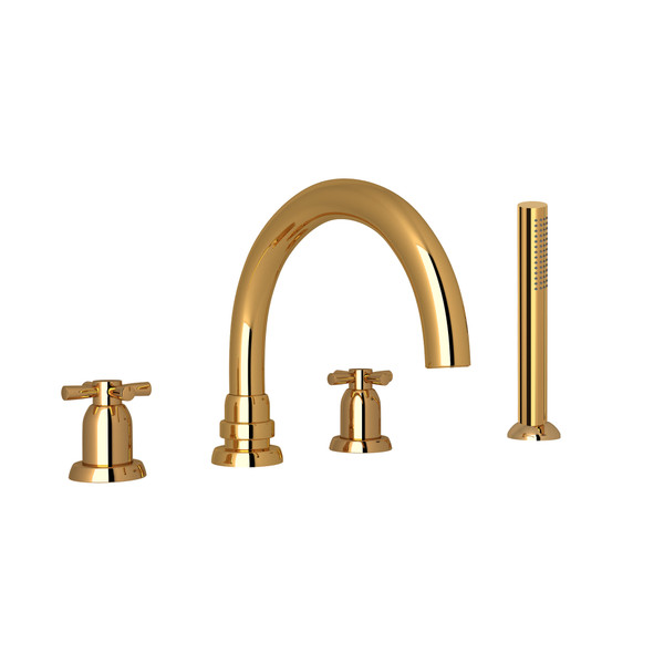 Holborn 4-Hole Deck Mount Tubular C-Spout Bathtub Filler with Handshower - English Gold with Cross Handle | Model Number: U.3976X-EG - Product Knockout