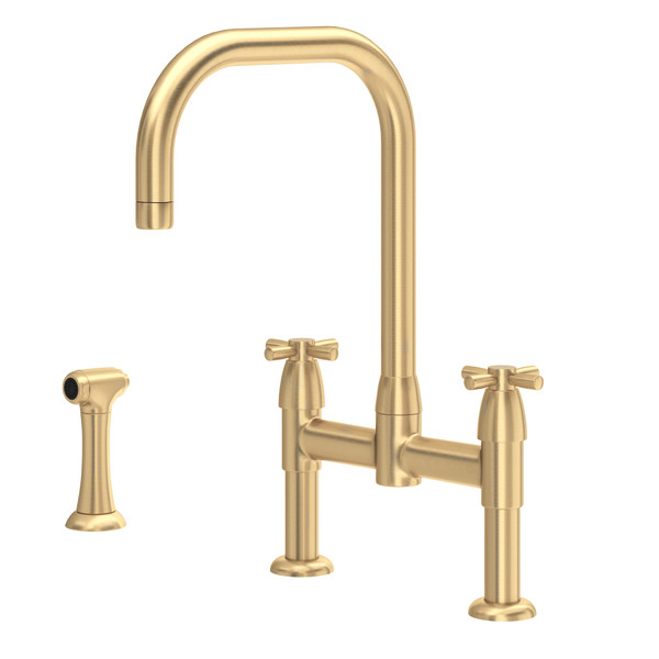 Holborn U-Spout Bridge Kitchen Faucet with Sidespray - Satin English Gold with Cross Handle | Model Number: U.4278X-SEG-2 - Product Knockout