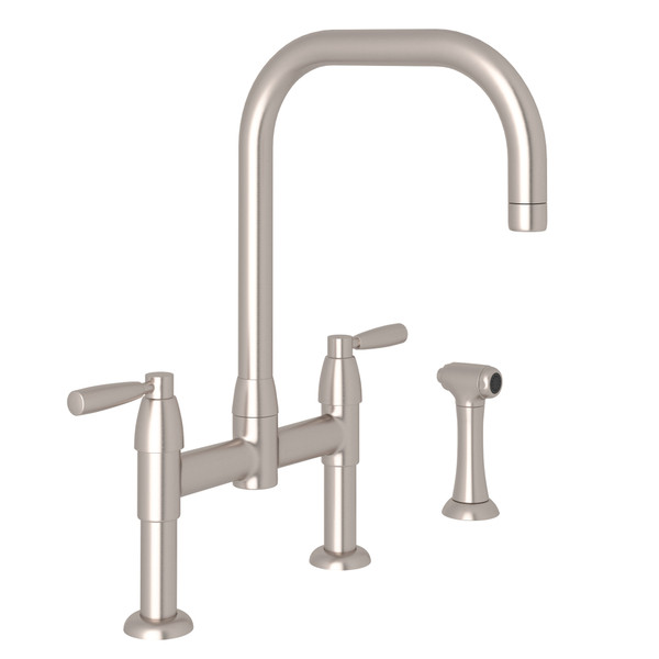 Holborn U-Spout Bridge Kitchen Faucet with Sidespray - Satin Nickel with Metal Lever Handle | Model Number: U.4279LS-STN-2 - Product Knockout
