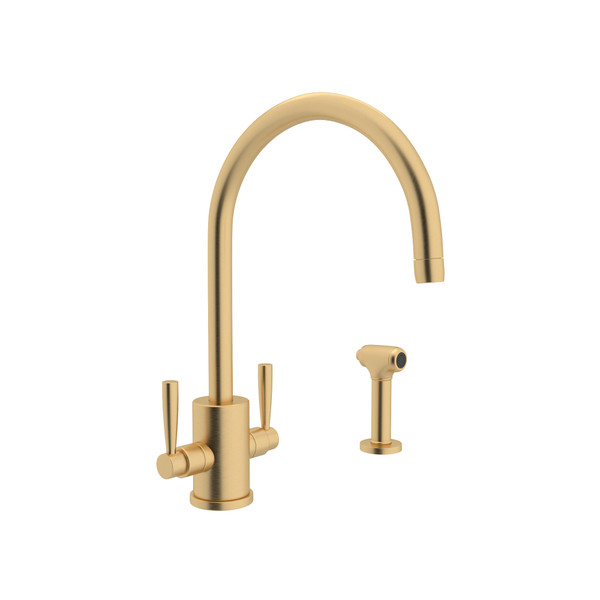 Holborn Single Hole C Spout Kitchen Faucet with Round Body and Sidespray - Satin English Gold with Metal Lever Handle | Model Number: U.4312LS-SEG-2 - Product Knockout