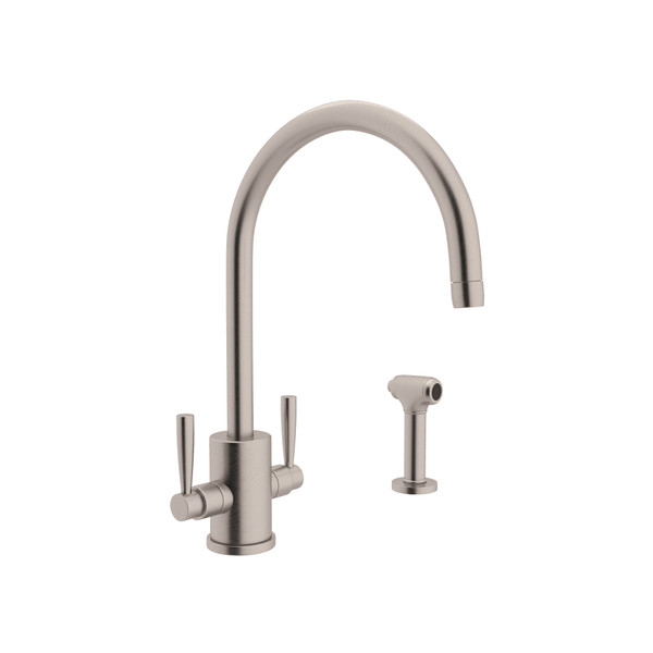 Holborn Single Hole C Spout Kitchen Faucet with Round Body and Sidespray - Satin Nickel with Metal Lever Handle | Model Number: U.4312LS-STN-2 - Product Knockout