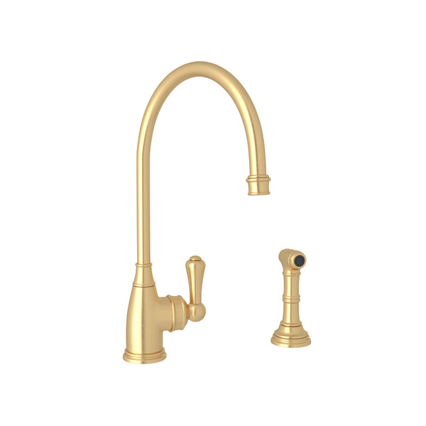 Georgian Era Single Lever Single Hole Kitchen Faucet with Sidespray - Satin English Gold with Metal Lever Handle | Model Number: U.4702SEG-2 - Product Knockout