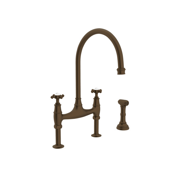 Georgian Era Bridge Kitchen Faucet with Sidespray - English Bronze with Cross Handle | Model Number: U.4718X-EB-2 - Product Knockout