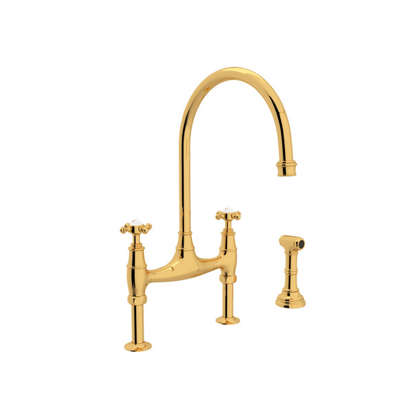 Georgian Era Bridge Kitchen Faucet with Sidespray - English Gold with Cross Handle | Model Number: U.4718X-EG-2 - Product Knockout