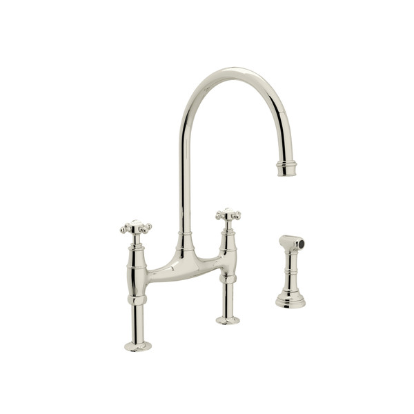 Georgian Era Bridge Kitchen Faucet with Sidespray - Polished Nickel with Cross Handle | Model Number: U.4718X-PN-2 - Product Knockout
