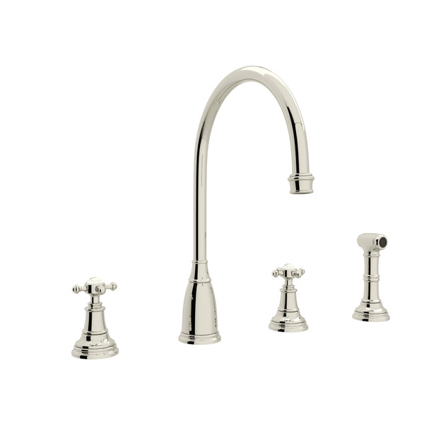 Georgian Era 4-Hole C-Spout Kitchen Faucet with Sidespray - Polished Nickel with Cross Handle | Model Number: U.4735X-PN-2 - Product Knockout