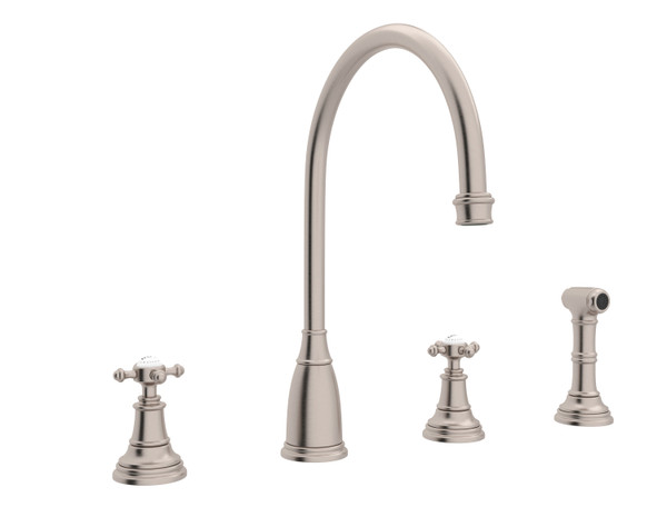 Georgian Era 4-Hole C-Spout Kitchen Faucet with Sidespray - Satin Nickel with Cross Handle | Model Number: U.4735X-STN-2 - Product Knockout