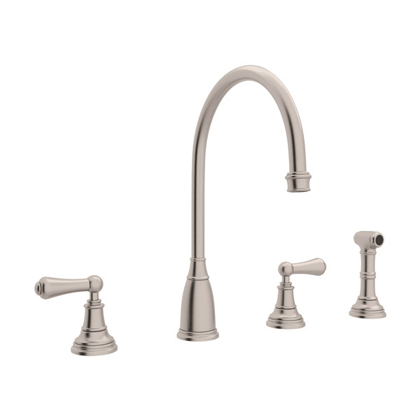 Georgian Era 4-Hole C-Spout Kitchen Faucet with Sidespray - Satin Nickel with Metal Lever Handle | Model Number: U.4736L-STN-2 - Product Knockout