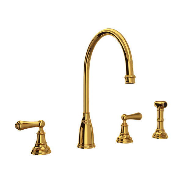 Georgian Era 4-Hole C-Spout Kitchen Faucet with Sidespray - Unlacquered Brass with Metal Lever Handle | Model Number: U.4736L-ULB-2 - Product Knockout