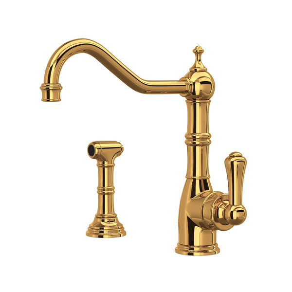 Edwardian Single Lever Single Hole Kitchen Faucet with Sidespray - English Gold with Metal Lever Handle | Model Number: U.4746EG-2 - Product Knockout