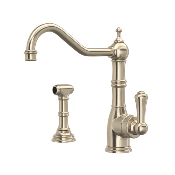 Edwardian Single Lever Single Hole Kitchen Faucet with Sidespray - Satin Nickel with Metal Lever Handle | Model Number: U.4746STN-2 - Product Knockout
