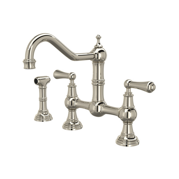 Edwardian Bridge Kitchen Faucet with Sidespray - Polished Nickel with Metal Lever Handle | Model Number: U.4756L-PN-2 - Product Knockout