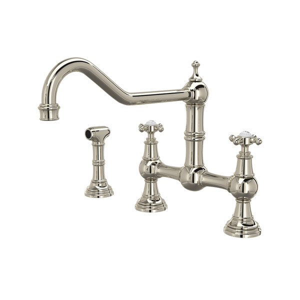 Edwardian Bridge Kitchen Faucet with Sidespray - Polished Nickel with Cross Handle | Model Number: U.4763X-PN-2 - Product Knockout