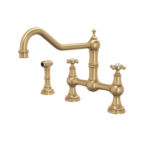 Edwardian Bridge Kitchen Faucet with Sidespray - Satin English Gold with Cross Handle | Model Number: U.4763X-SEG-2 - Product Knockout
