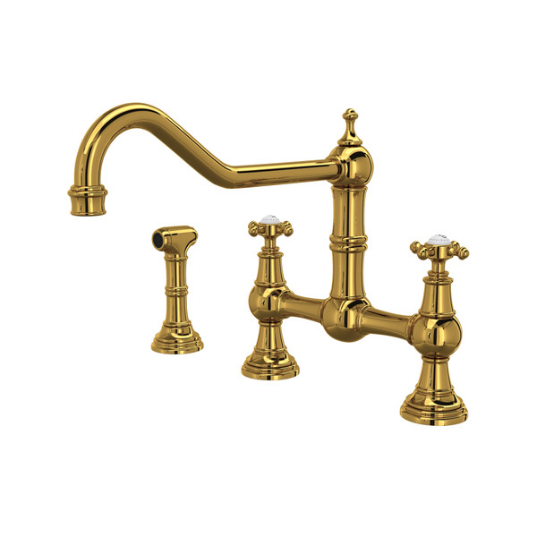 Edwardian™ Extended Spout Bridge Kitchen Faucet With Side Spray - Unlacquered Brass | Model Number: U.4763X-ULB-2