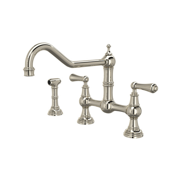 Edwardian Bridge Kitchen Faucet with Sidespray - Polished Nickel with Metal Lever Handle | Model Number: U.4764L-PN-2 - Product Knockout