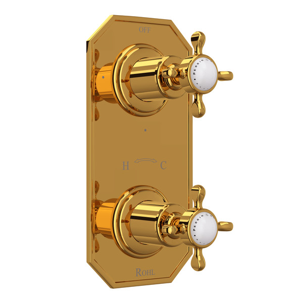 Edwardian 1/2 Inch Thermostatic and Diverter Control Trim - Unlacquered Brass with Cross Handle | Model Number: U.8586X-ULB/TO - Product Knockout