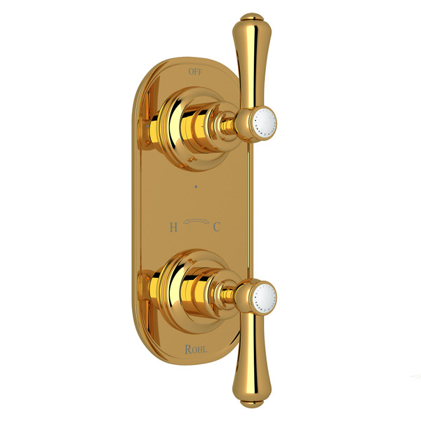 Georgian Era 1/2 Inch Thermostatic and Diverter Control Trim - Unlacquered Brass with White Porcelain Lever Handle | Model Number: U.8785LSP-ULB/TO - Product Knockout