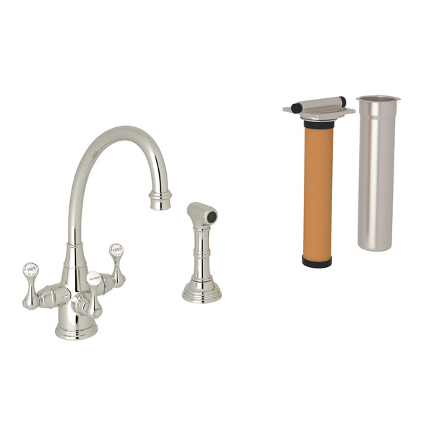 DISCONTINUED-Georgian Era 3-Lever Kitchen Faucet with Sidespray - Polished Nickel with Metal Lever Handle | Model Number: U.KIT1520LS-PN-2 - Product Knockout