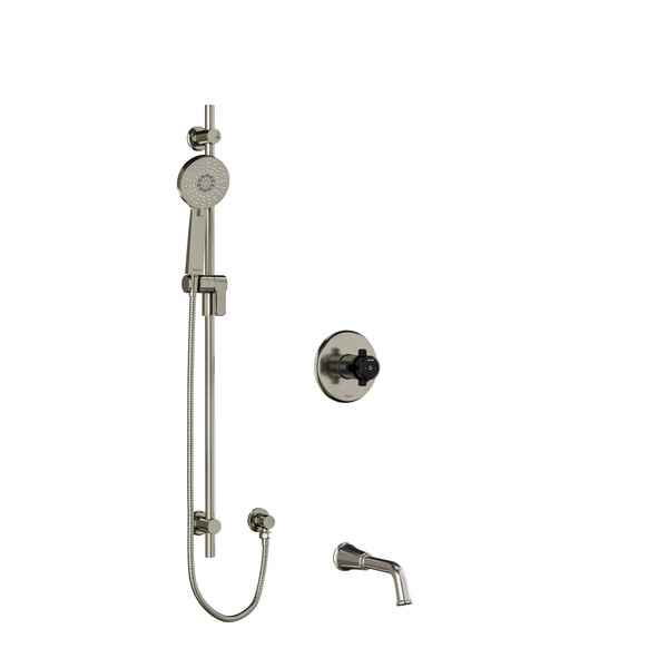 Momenti 1/2 Inch 2-Way Type T/P (Thermostatic/Pressure Balance) Coaxial System With Spout And Hand Shower Rail - Brushed Nickel and Black with X-Shaped Handles | Model Number: KIT1244MMRDXBNBK-EX - Product Knockout