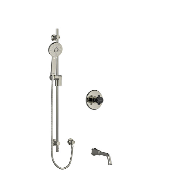 Momenti 1/2 Inch 2-Way Type T/P (Thermostatic/Pressure Balance) Coaxial System With Spout And Hand Shower Rail - Polished Nickel and Black with X-Shaped Handles | Model Number: KIT1244MMRDXPNBK-EX - Product Knockout