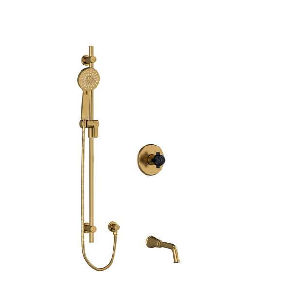 DISCONTINUED-Momenti 1/2 Inch 2-Way Type T/P (Thermostatic/Pressure Balance) Coaxial System With Spout And Hand Shower Rail - Brushed Gold and Black with X-Shaped Handles | Model Number: KIT1244MMRDXBGBK-SPEX - Product Knockout