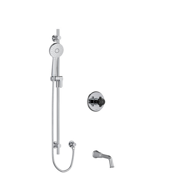 Momenti 1/2 Inch 2-Way Type T/P (Thermostatic/Pressure Balance) Coaxial System With Spout And Hand Shower Rail - Chrome and Black with X-Shaped Handles | Model Number: KIT1244MMRDXCBK-SPEX - Product Knockout