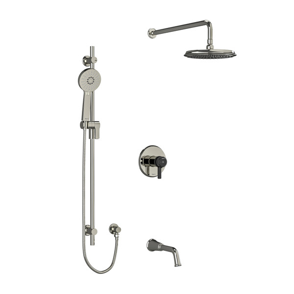Momenti Type T/P (Thermostatic/Pressure Balance) 1/2 Inch Coaxial 3-Way System With Hand Shower Rail Shower Head And Spout - Polished Nickel and Black with J-Shaped Handles | Model Number: KIT1345MMRDJPNBK-6 - Product Knockout