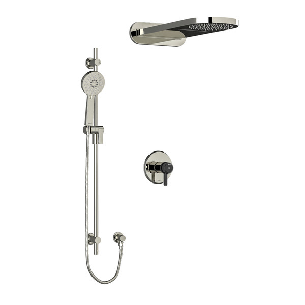 Momenti Type T/P (Thermostatic/Pressure Balance) 1/2 Inch Coaxial 3-Way System With Hand Shower Rail And Rain And Cascade Shower Head - Polished Nickel and Black with J-Shaped Handles | Model Number: KIT2745MMRDJPNBK - Product Knockout
