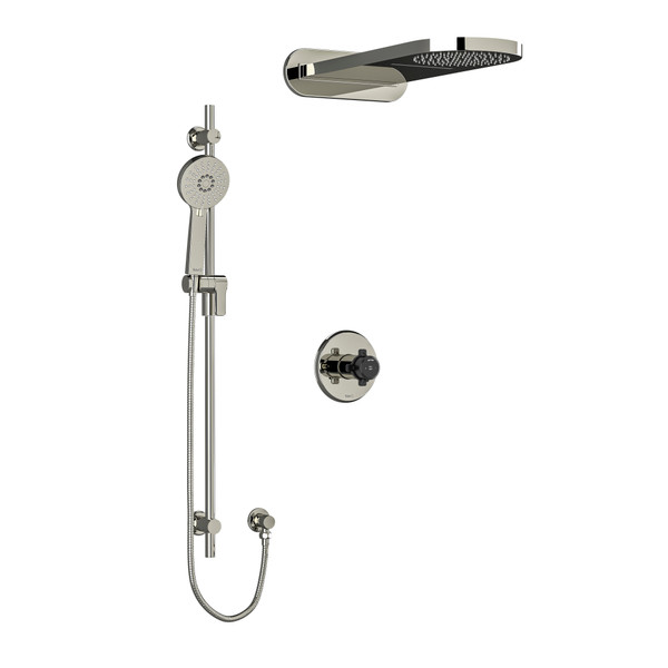 DISCONTINUÉ -Système coaxial à 3 voies avec douchette sur rail et tête de douche pluie et cascade 1/2" type T/P (thermostatique/pression équilibrée) Momenti - Nickel poli et Noir avec poignées en croix​​​​​​​ | Numéro de modèle: KIT2745MMRDXPNBK-EX - Produit épuisé